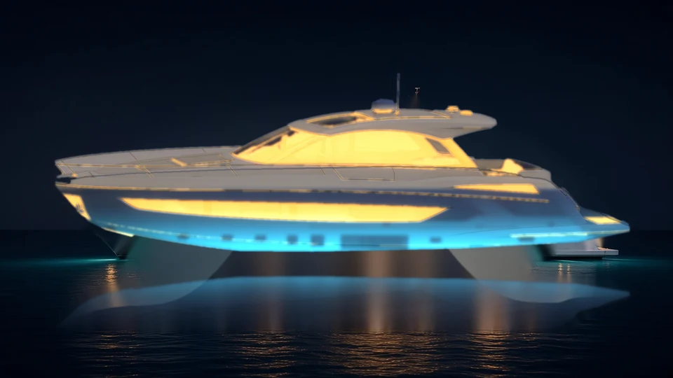 Alba at night, cabin and underwater lights on