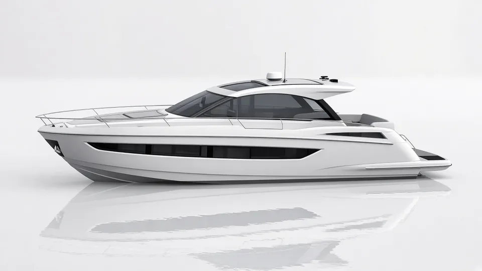 Alba, a 45 foot white day cruiser in profile on a calm, pale sea with its reflection beneath