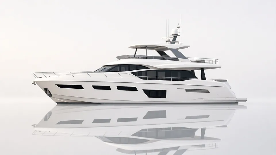 Levante, a 62 foot white flybridge yacht in profile on a calm, pale sea with its reflection beneath