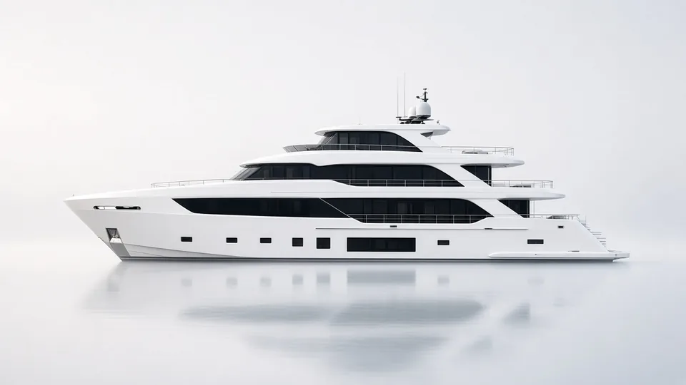 Tramonto, an 85 foot white motor yacht in profile on a calm, pale sea with its reflection beneath