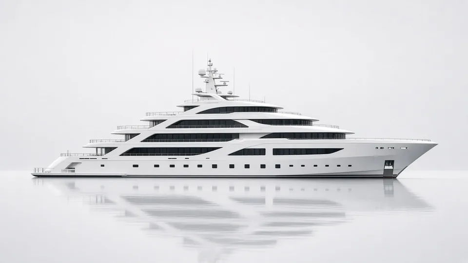 Aurelia, a 110 foot white superyacht in profile on a calm, pale sea with its reflection beneath