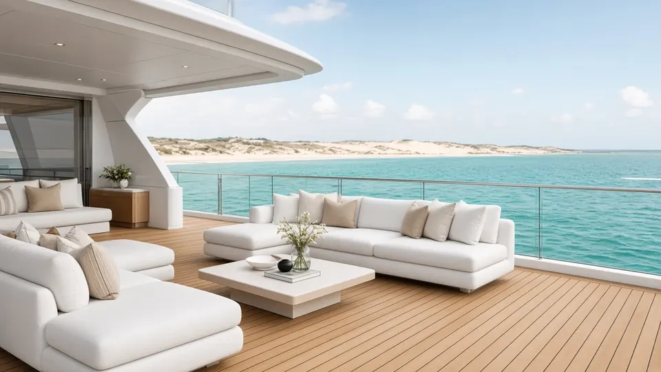 The upper deck: white sofas on teak under a shade roof, turquoise sea beyond the rail