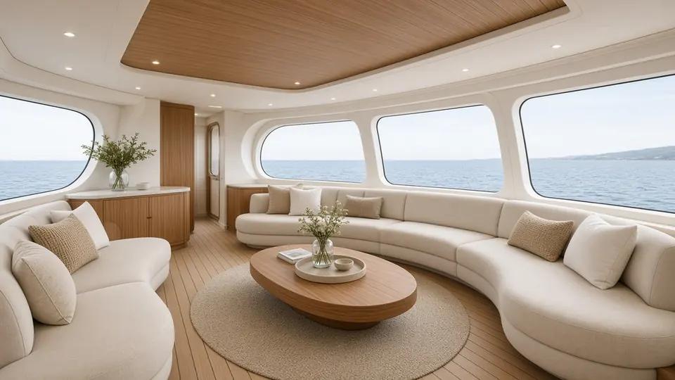 The salon: a curved cream sofa around a round wooden table, full-height windows onto the sea