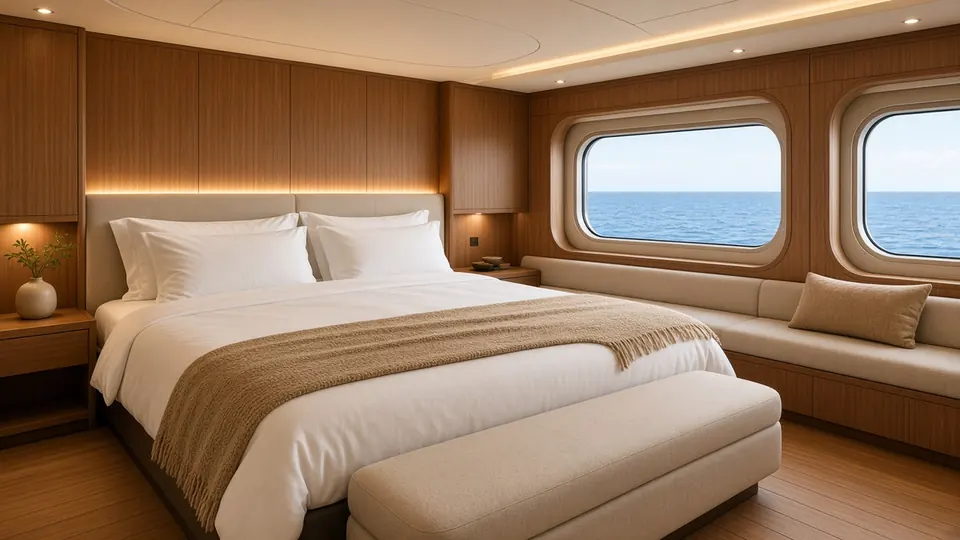 The master suite: a wide bed in warm wood panelling with portholes onto the sea
