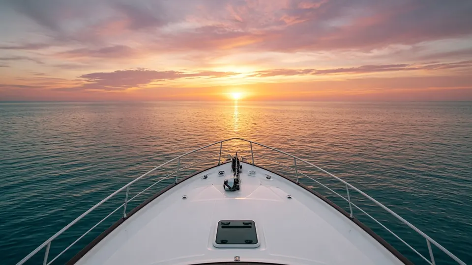 The last hour: the bow of the yacht pointing into a pink and orange sunset over a calm sea